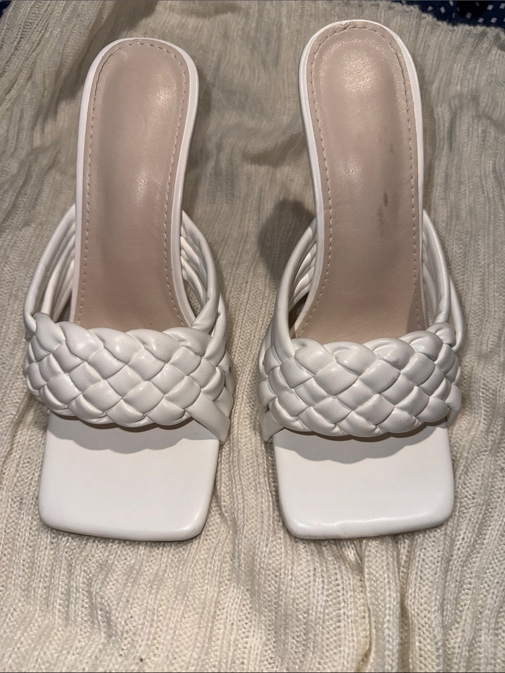 Braided Square-Toe White Slide Mules